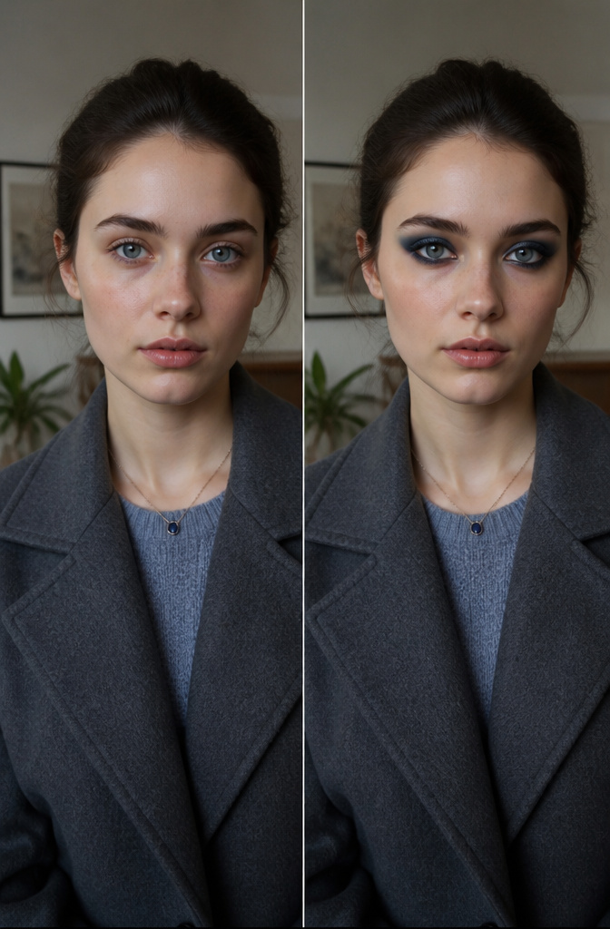 Outfit featuring cool-toned pieces with dark blue makeup.