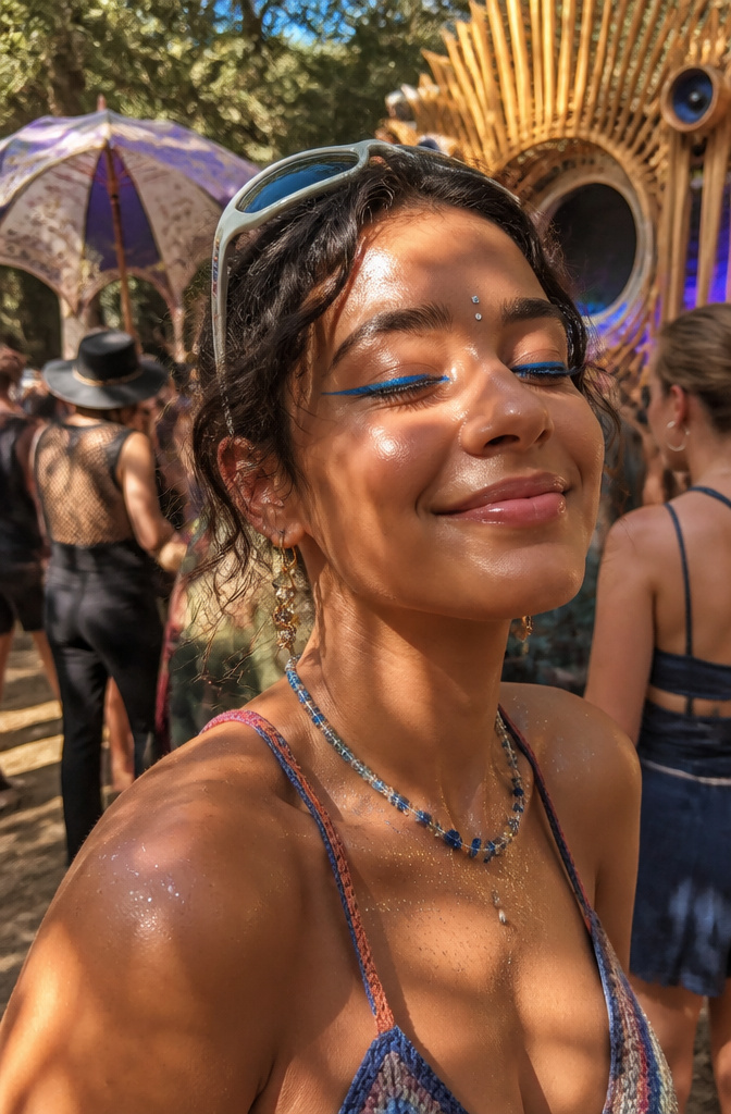 Model with blue eyeliner at a lively outdoor festival.
