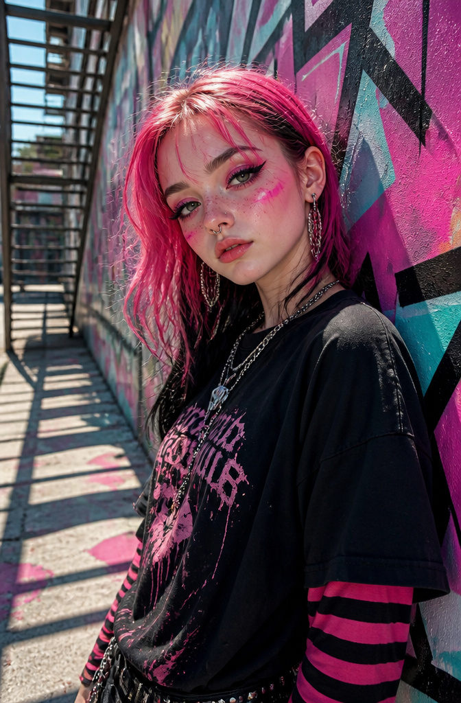 A model with E-girl makeup leaning against a graffiti-covered wall.