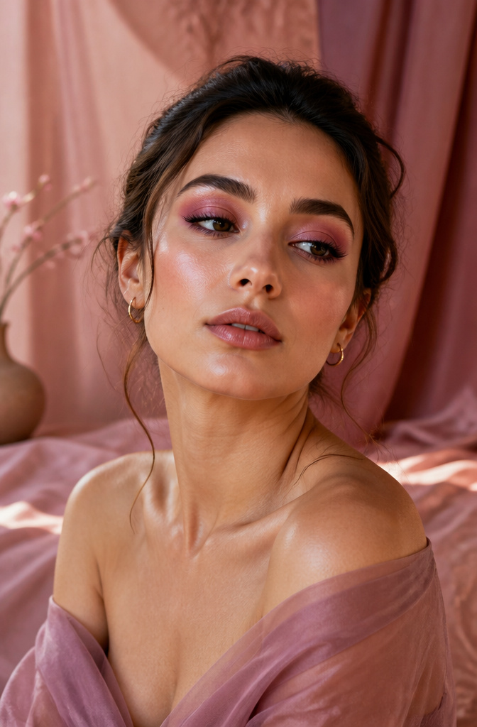 A model with a soft pink smokey eye featuring burgundy and rose shades.