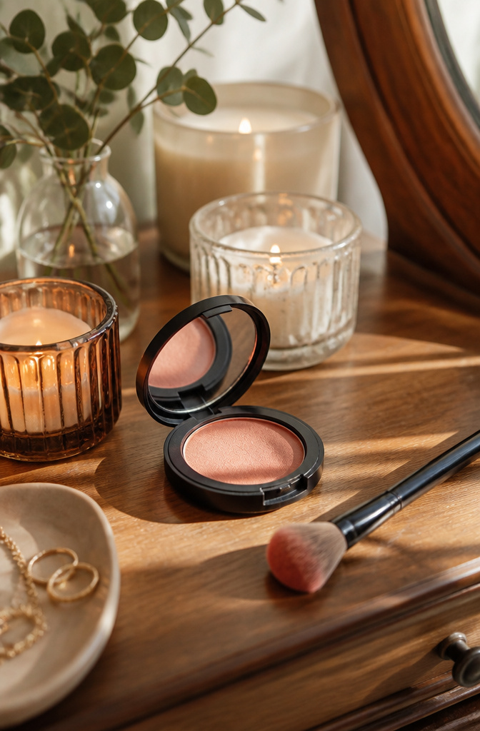 A compact of powder blush open to reveal its color.