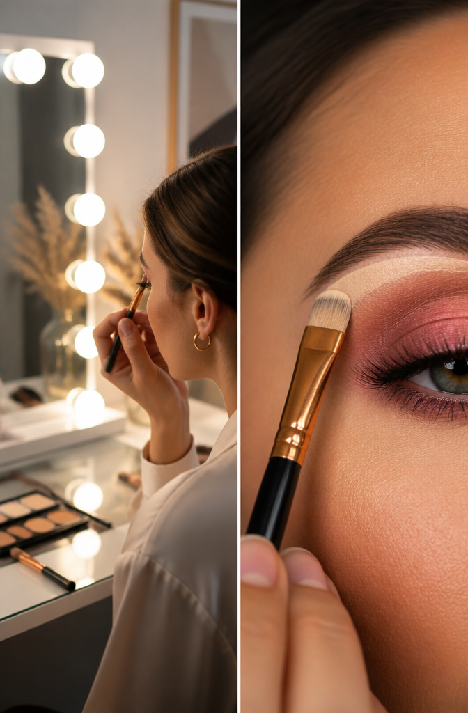A flat brush applies concealer to create a defined cut crease.