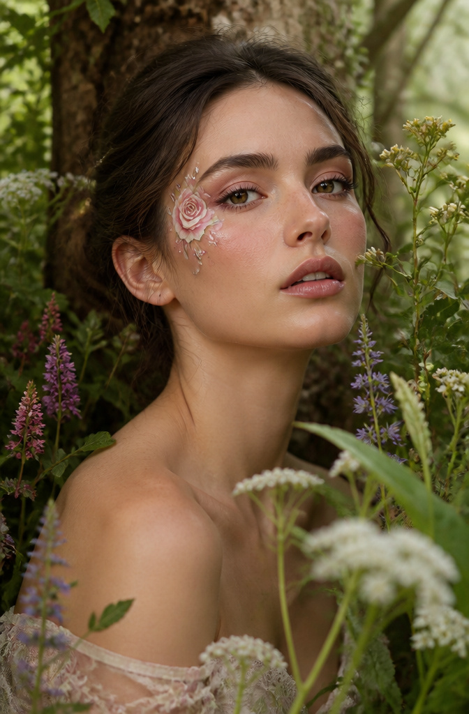 Model with delicate nature-themed makeup featuring a painted rose.