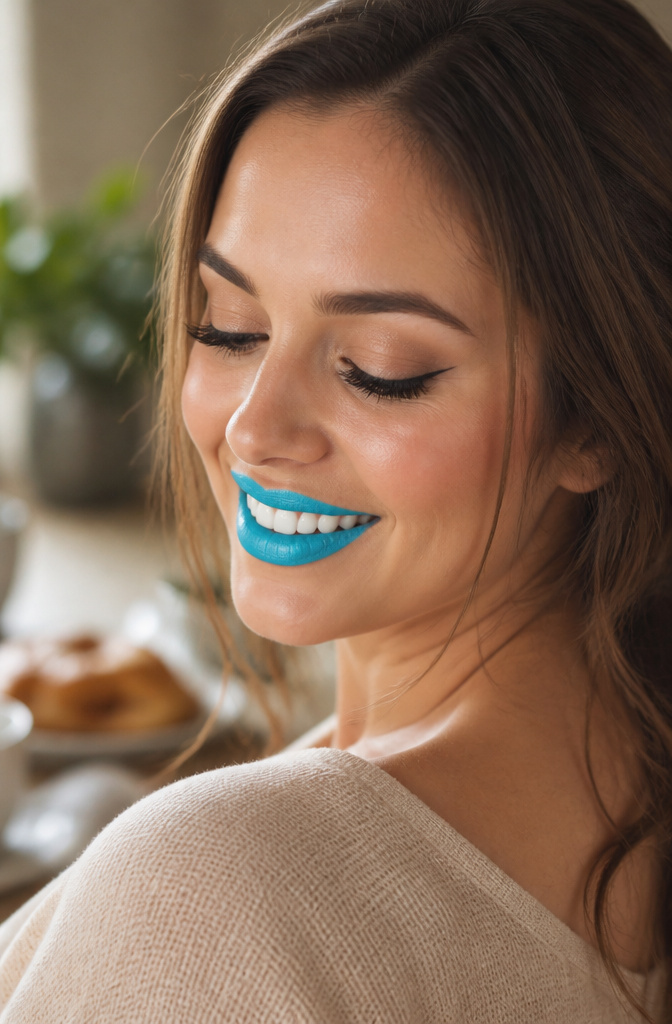 A model wearing a bright lip color with minimal eye makeup.