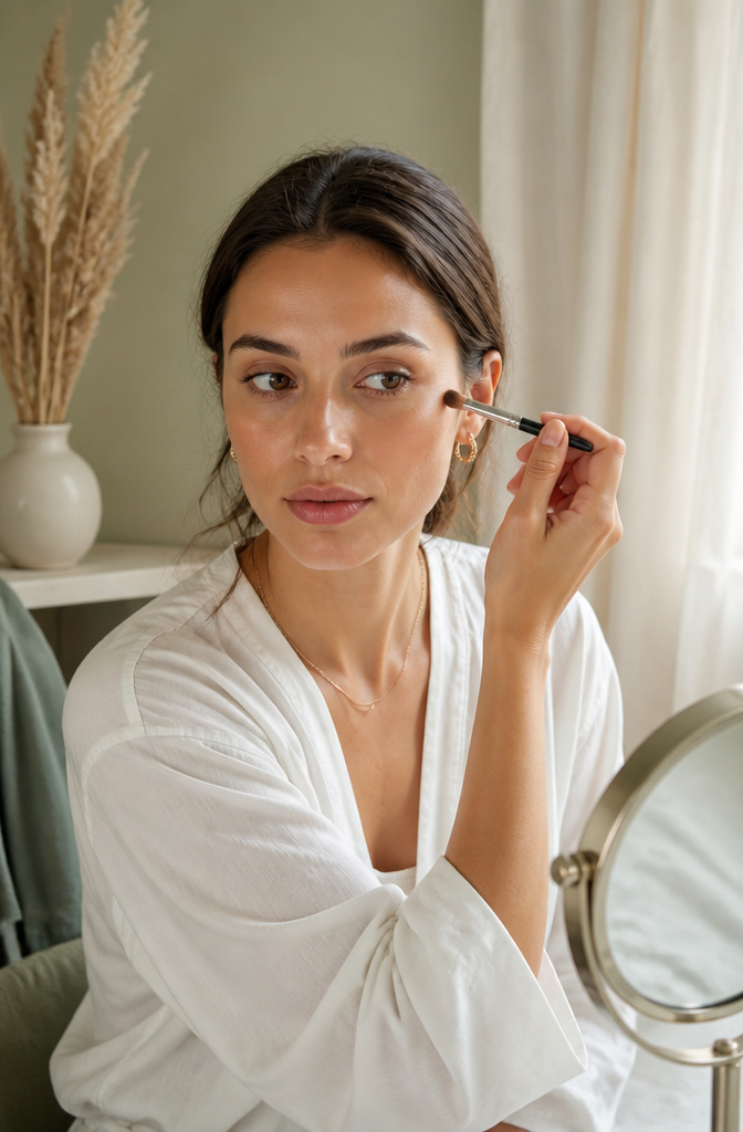 My Makeup Look: 6 Face-Shape Guides for Your Best Style 6 Model applying minimal contour in a serene, pastel-colored space.