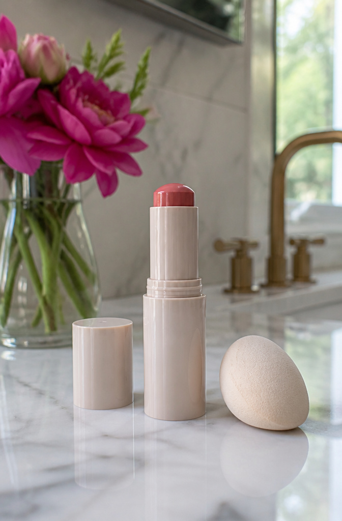 A cream blush stick displayed on a bathroom countertop.