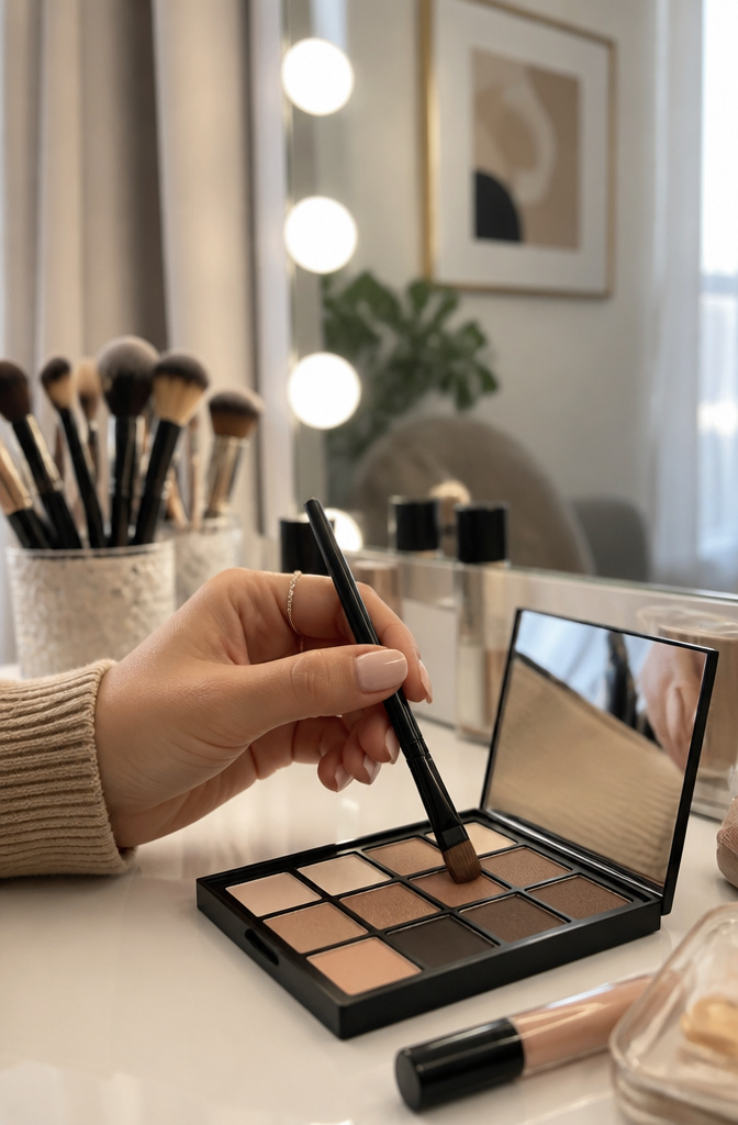 Winged liner created with dark eyeshadow using a flat-angled brush.