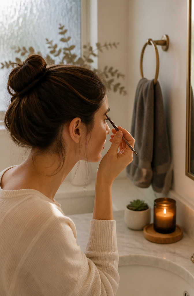 Model grooming her brows with brow pomade at a minimalist vanity.