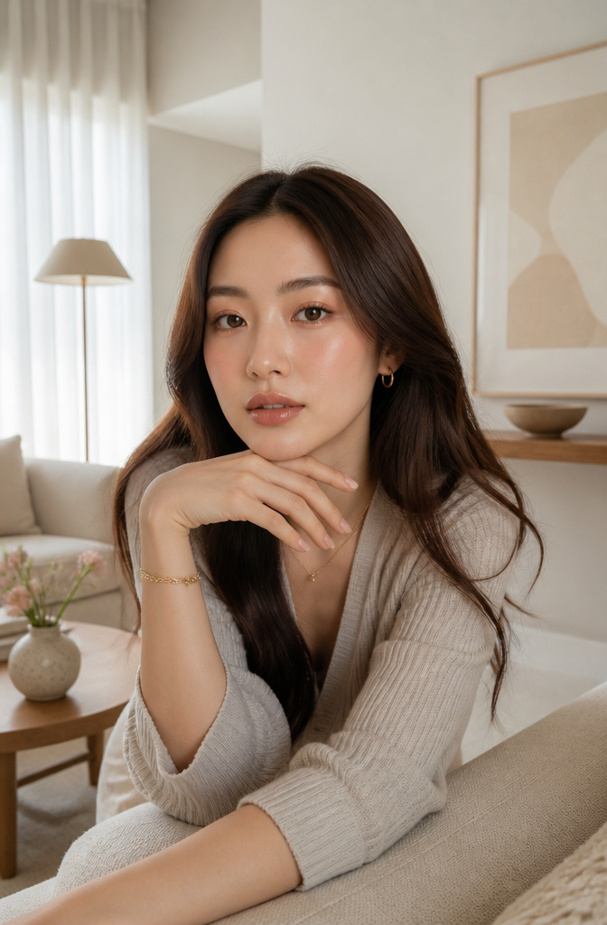 A model showcasing soft glam makeup in a minimalist living space.