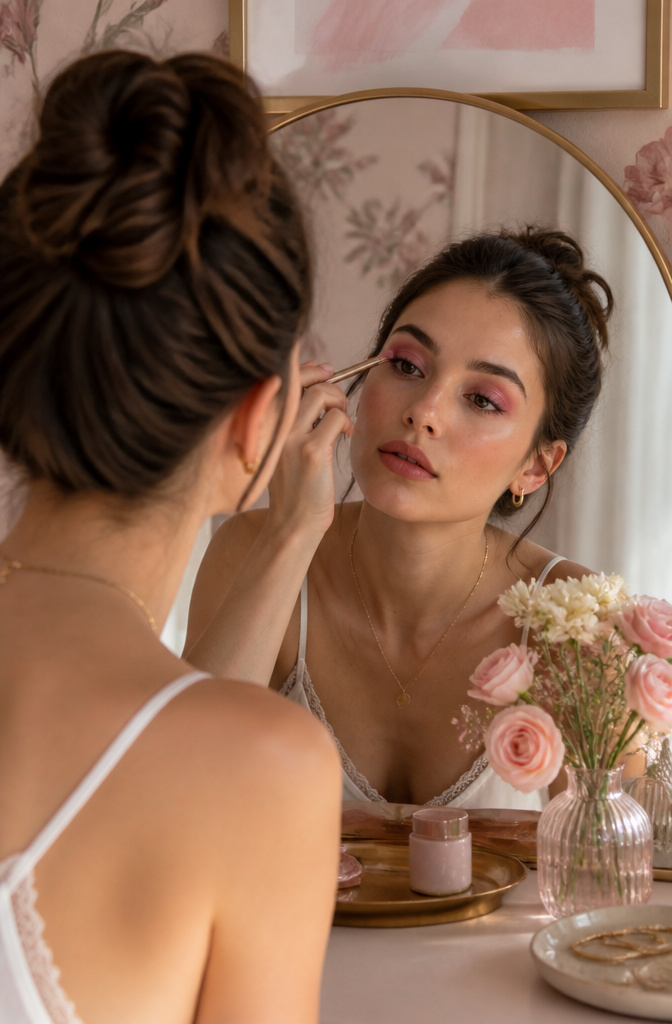 A model showcasing an ombré eye look with pale pink and deep mauve.