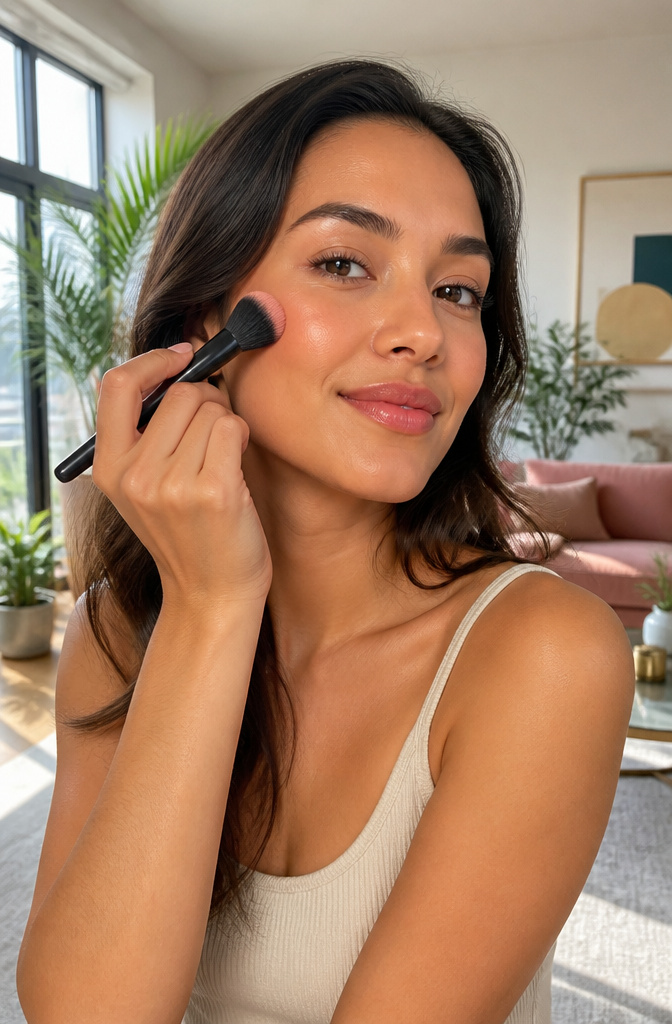 My Makeup Look: 6 Face-Shape Guides for Your Best Style 7 Model applying blush on her cheeks in a bright setting.