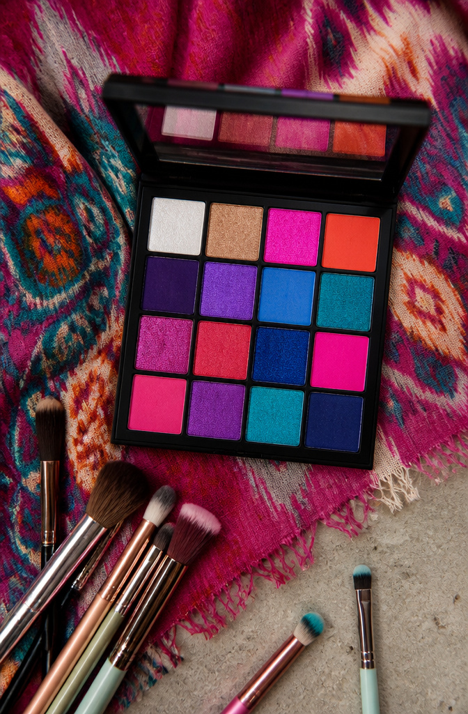 A 16-pan eyeshadow palette featuring bright colors and shades.