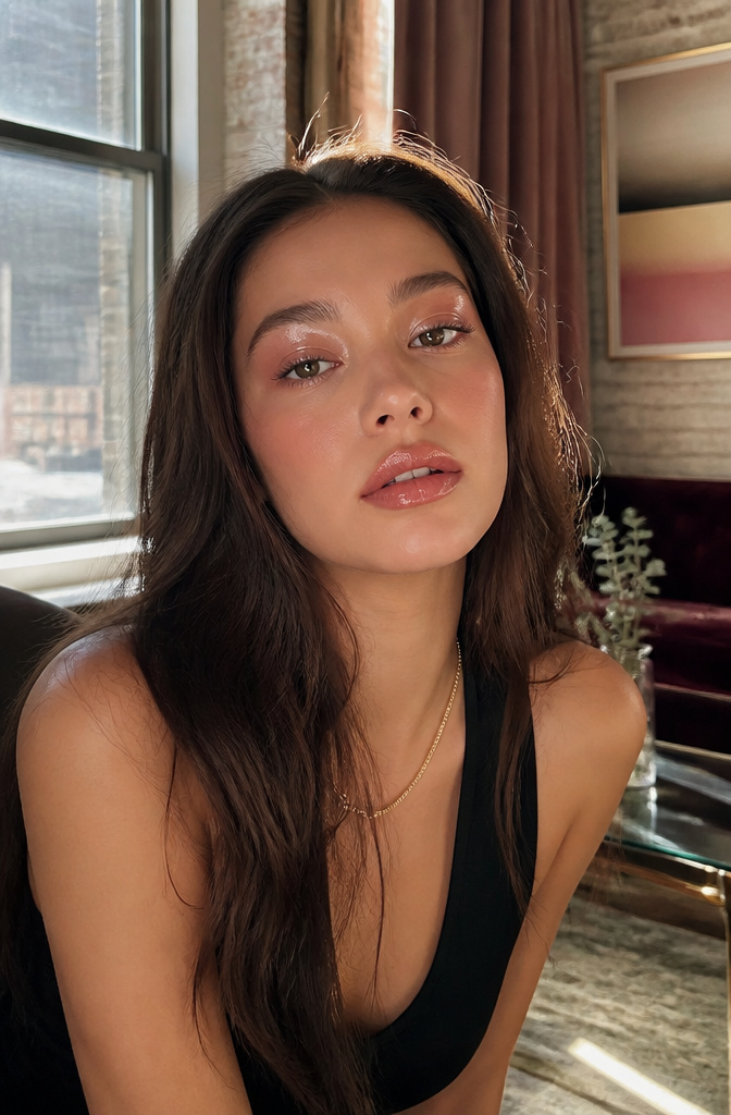 A model with glossy lids highlighted by a rosy shadow.