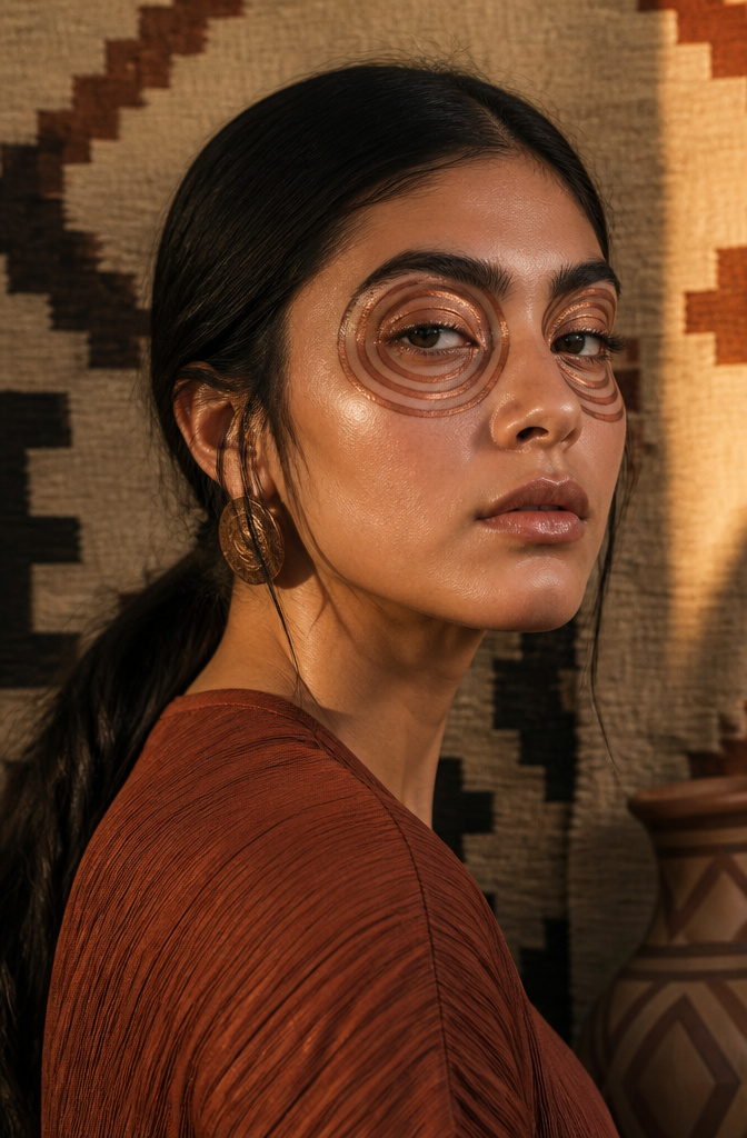 Model with eye makeup inspired by cultural heritage patterns.