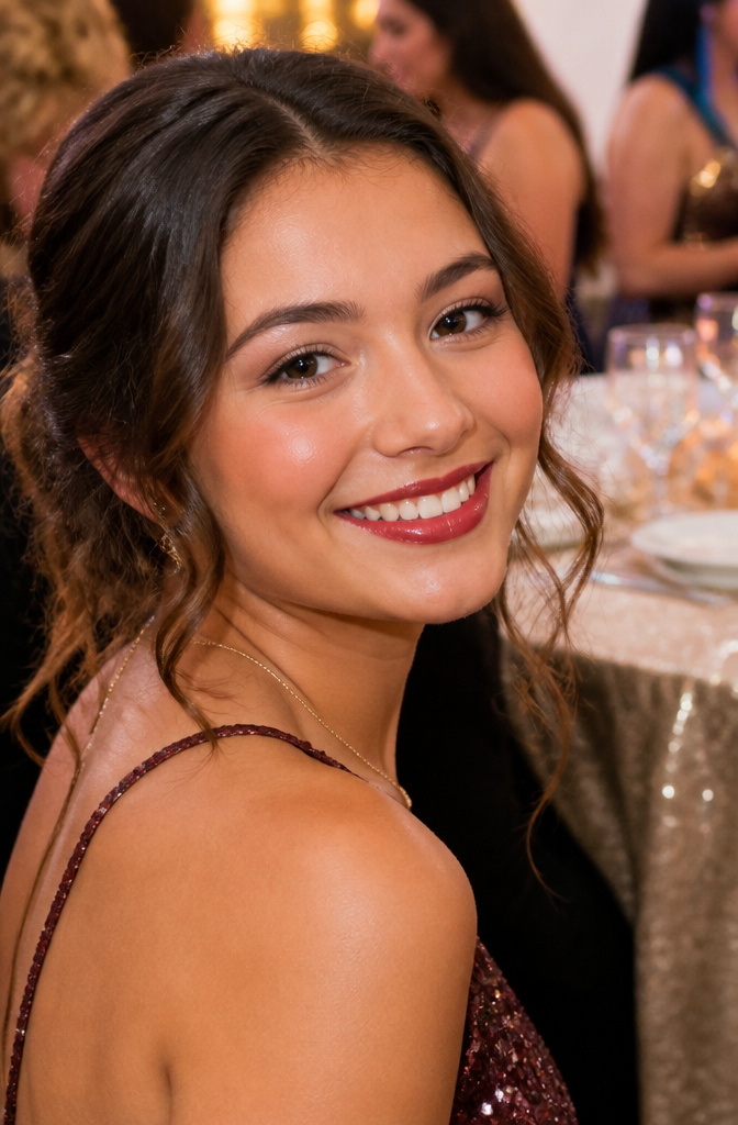 A close-up of a young woman's face with brick red lipstick and blush.