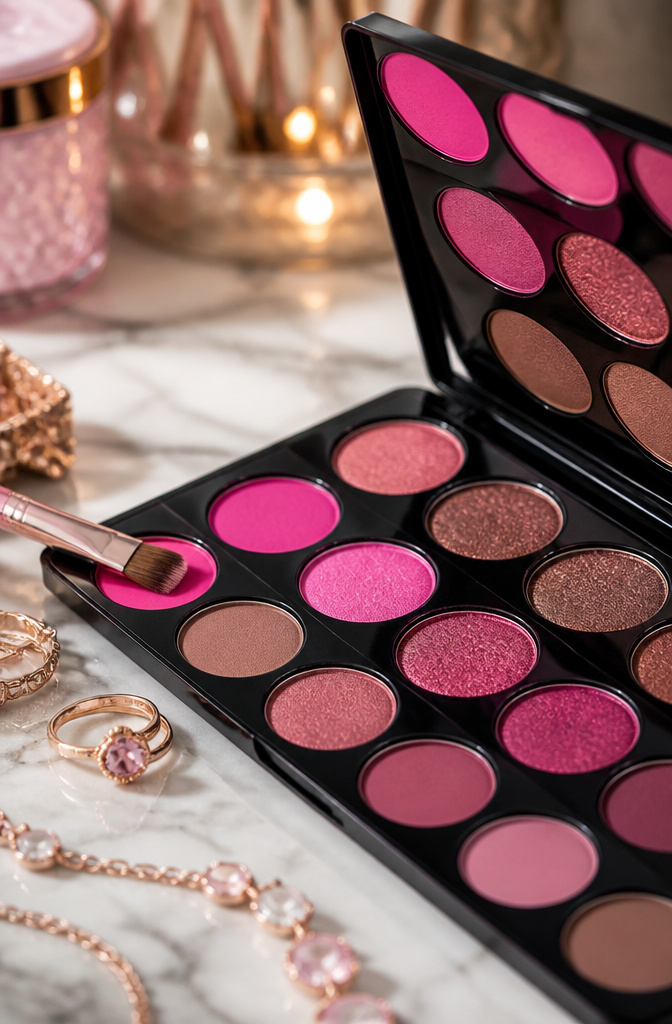 Poppy pink eyeshadow layered over concealer on the eyelid.