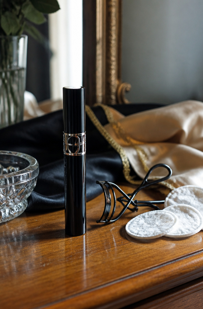 DiorShow Black Out Mascara tube alongside eyelash curler and cotton pads.