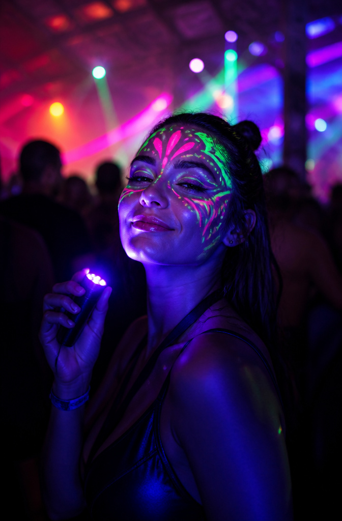 Model with neon glow-in-the-dark makeup in a dark setting.