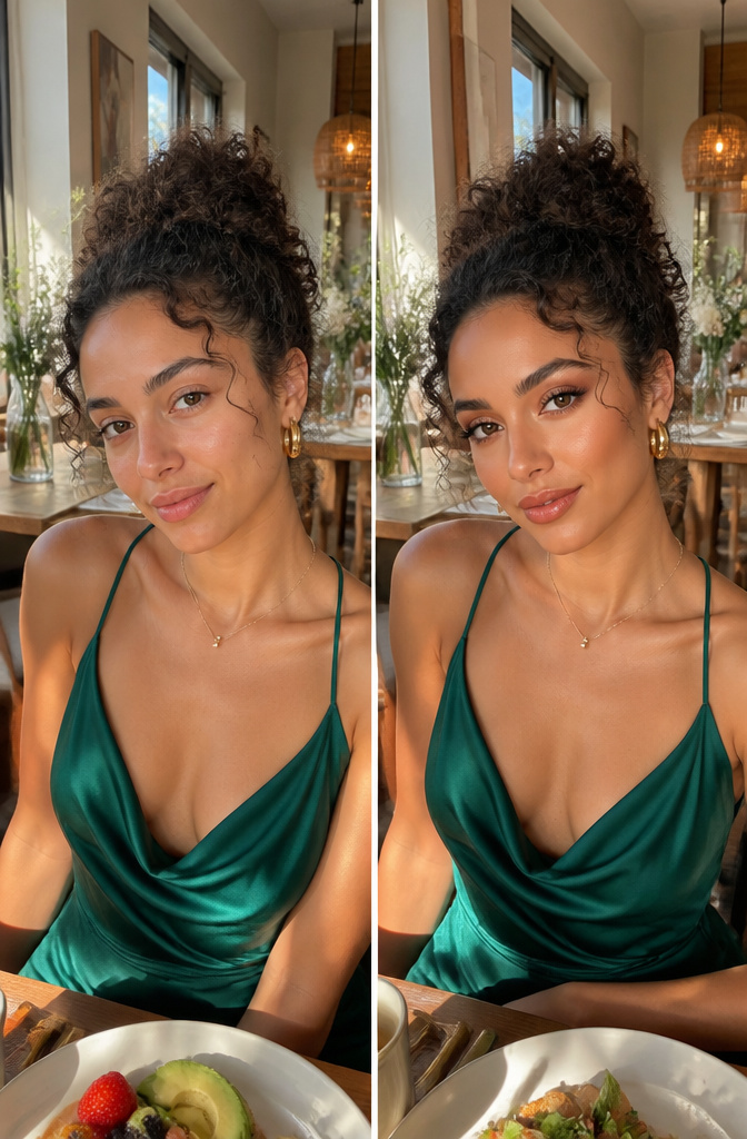 A model wearing soft copper eye makeup suitable for a brunch setting.