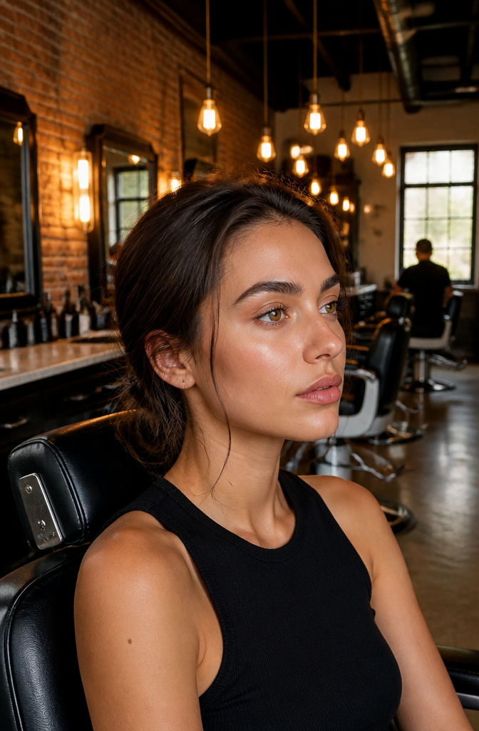 A model with fluffy, brushed-up brows in a barbershop setting.