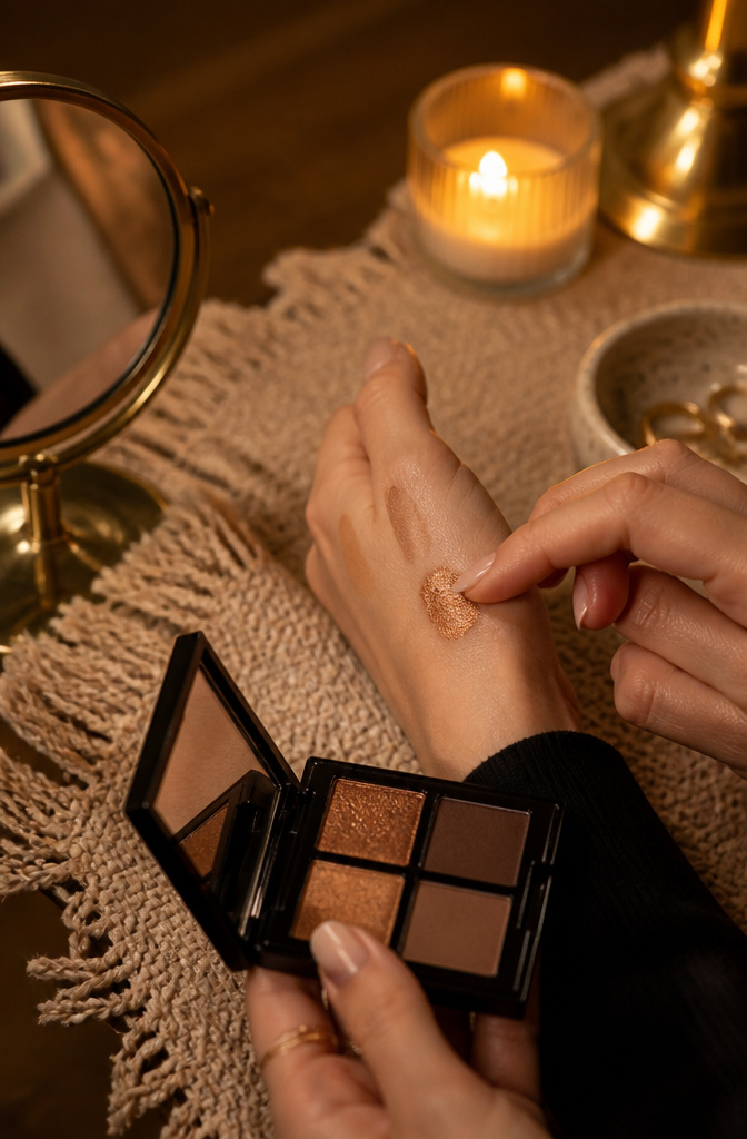 Metallic shimmer eyeshadow applied to eyelids with luxurious textures behind.