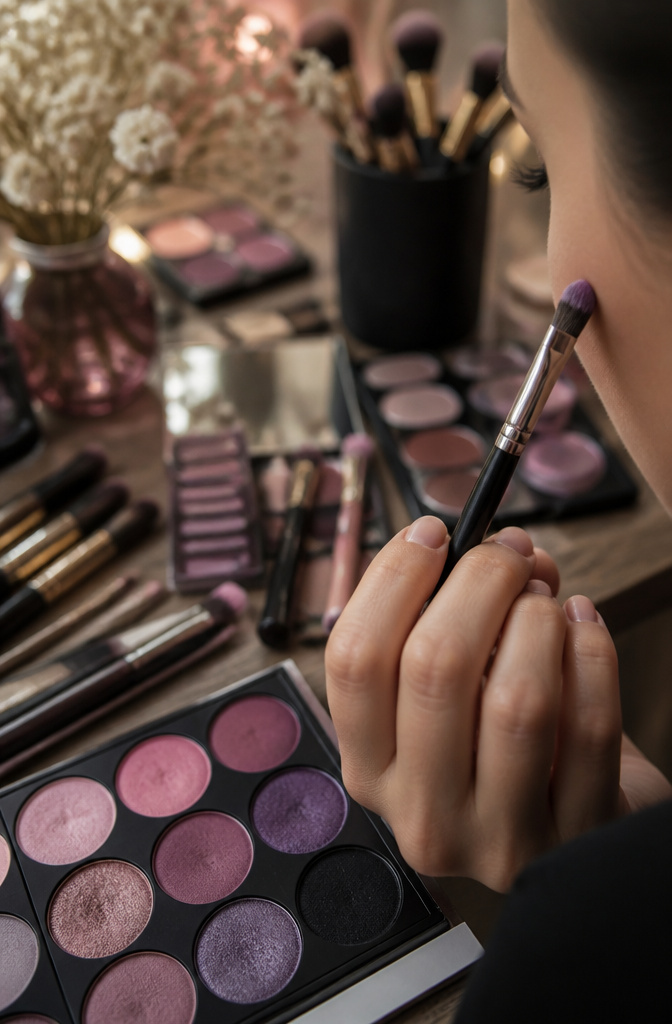 Violet eyeshadow applied at the edge between pink and black.