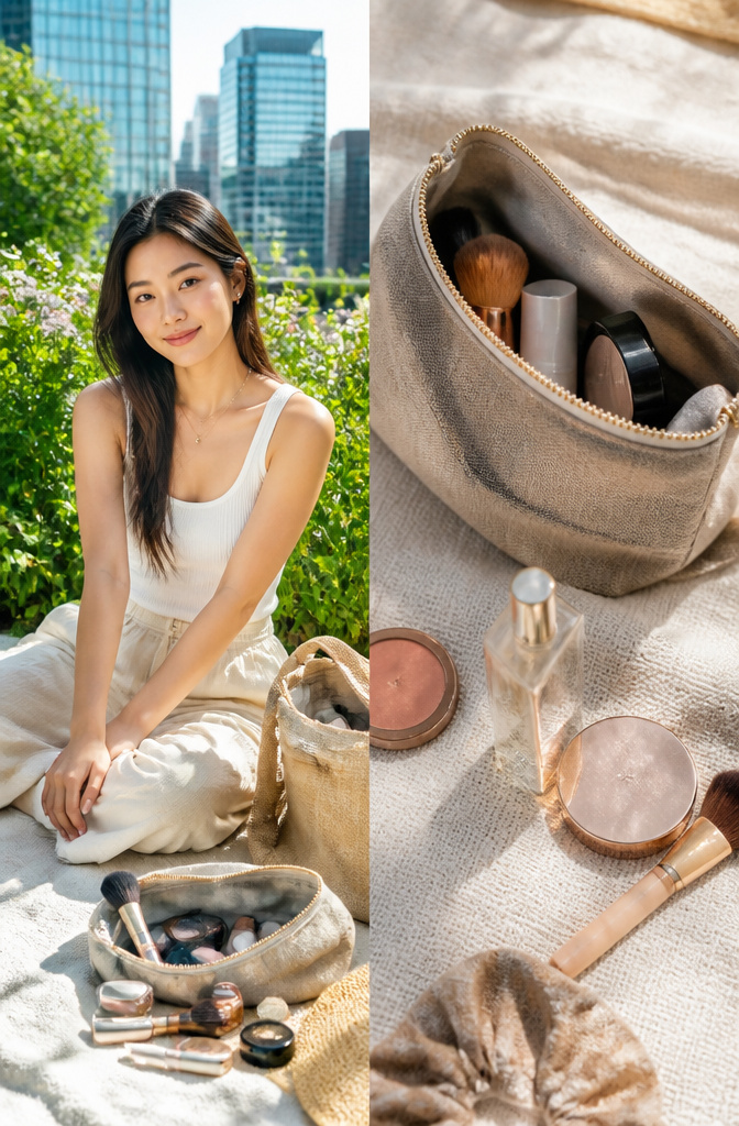 Model with a natural makeup look emphasizing skin texture.