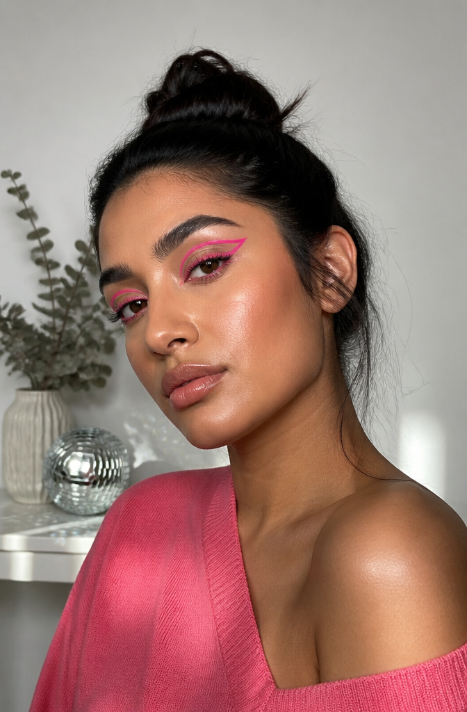 A model with bold pink graphic eyeliner in geometric patterns.