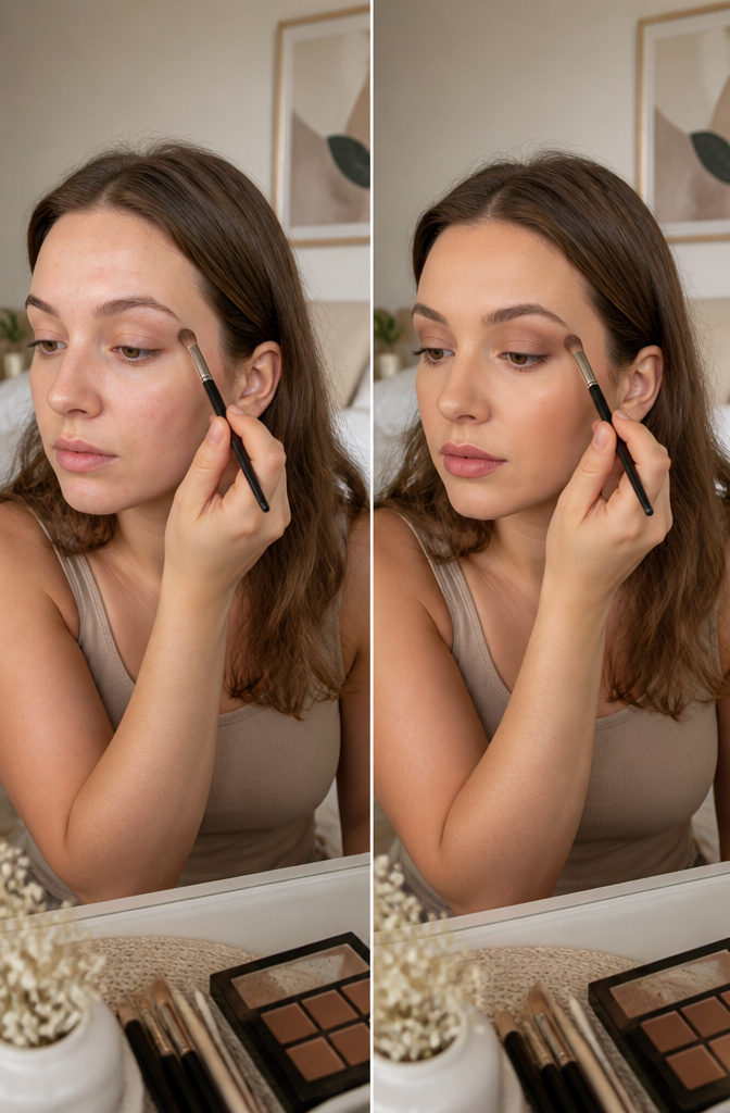 Model applying matte taupe eyeshadow to her eyelids.