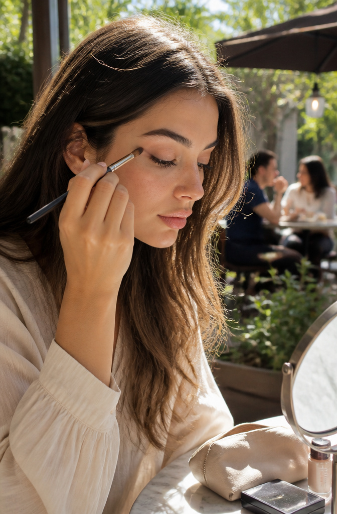 Classic Makeup Ideas: Timeless Looks for 2026 8 A young woman with natural eye makeup in an outdoor café.