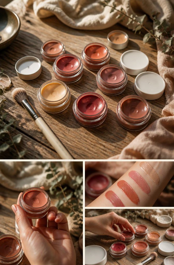A balm compact showing various shades on a vanity.