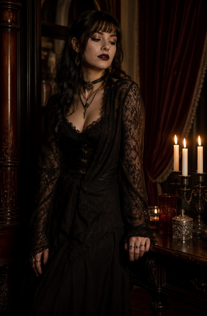 A model with Gothic makeup in a vintage-inspired setting.
