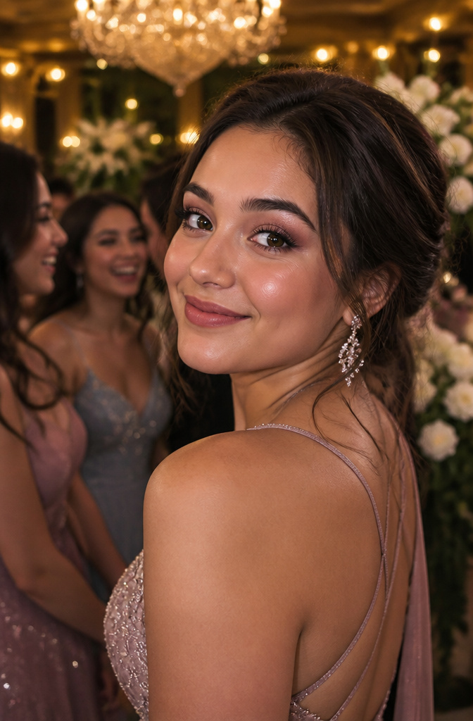A young woman with sugar plum eyeshadow poses in a beautifully decorated prom environment.