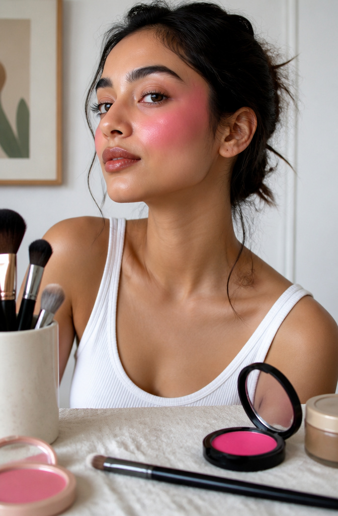 A model with bright fuchsia blush applied on her cheekbones.