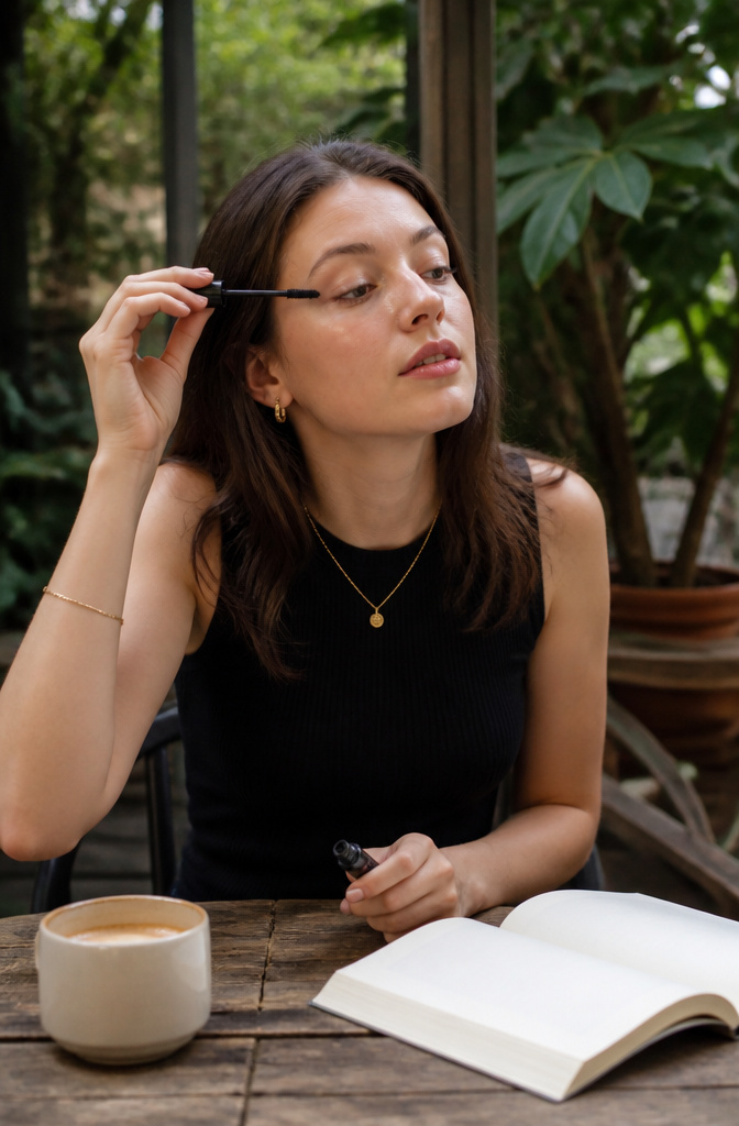 Model applying mascara to her lashes at an outdoor café.