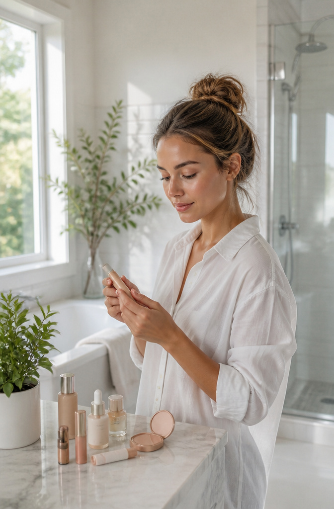 A model with clean girl makeup in an airy bathroom.