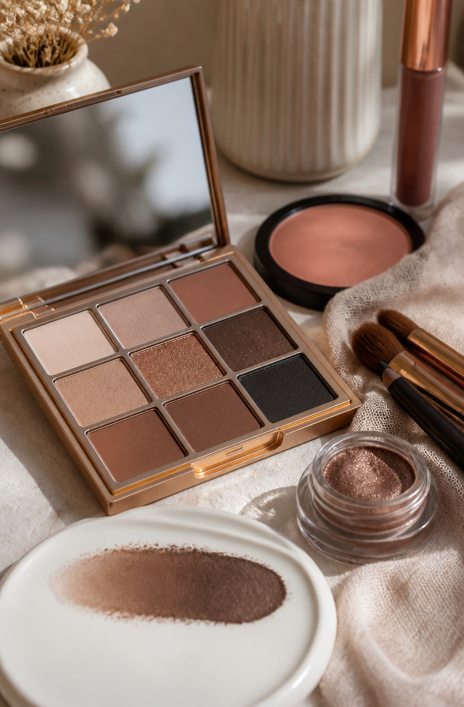 Various warm-toned makeup products arranged for a subtle smokey eye.