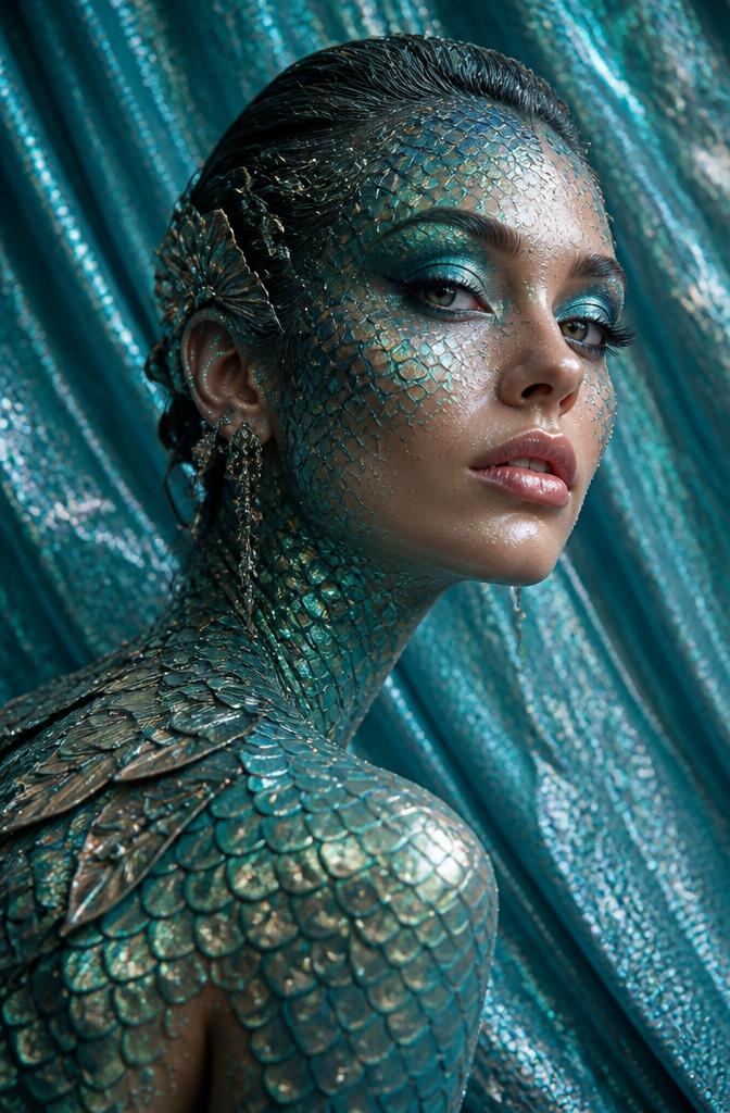 Model with fantasy-themed makeup showcasing a mermaid scale design.