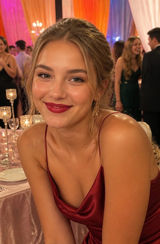 A young woman with cherry-colored lips smiles in a lively prom setting.