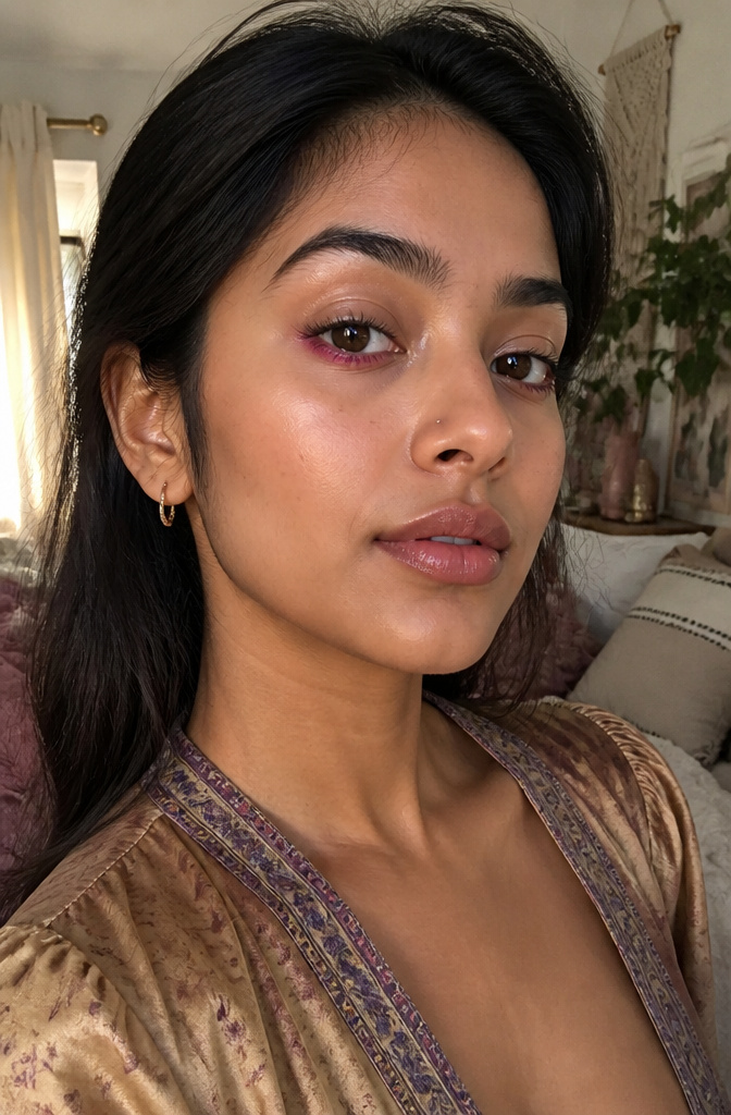 A model showcasing a reverse cat eye with pink eyeliner.