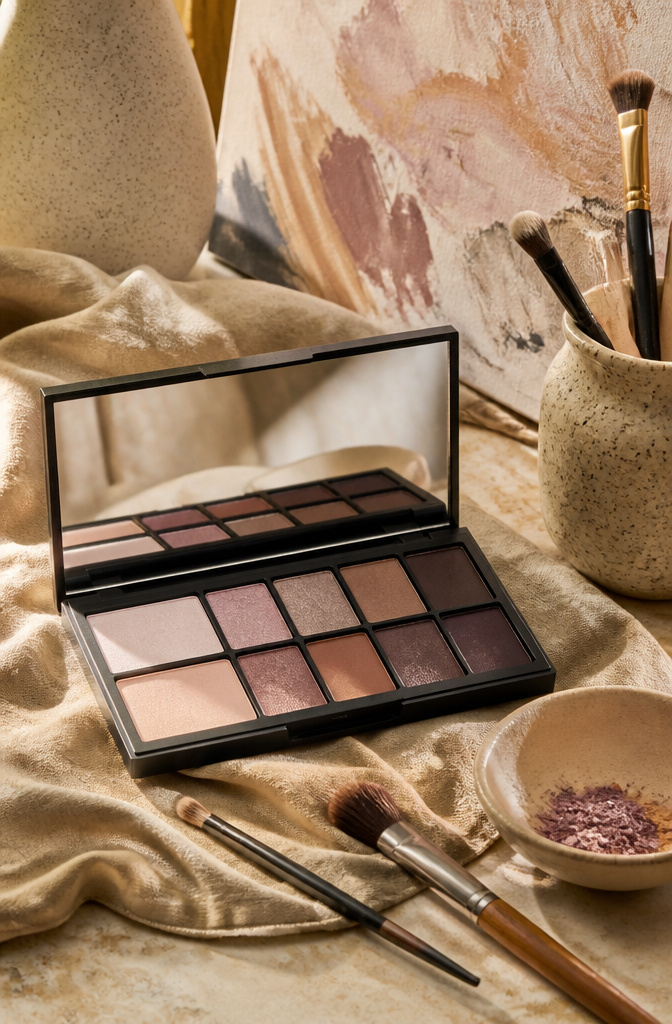 An eyeshadow compact with a range of colors open on a surface.