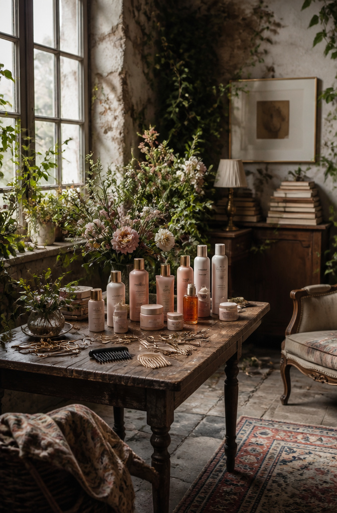 Kérastase hair products arranged on a surface with soft fabrics.