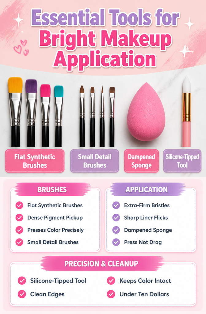 Makeup brushes and tools for applying bright colored makeup.