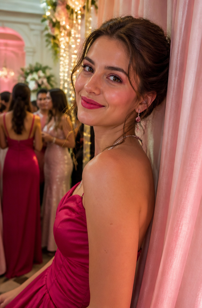 A young woman showcases magenta lip and cheek stain in an elegant prom venue.
