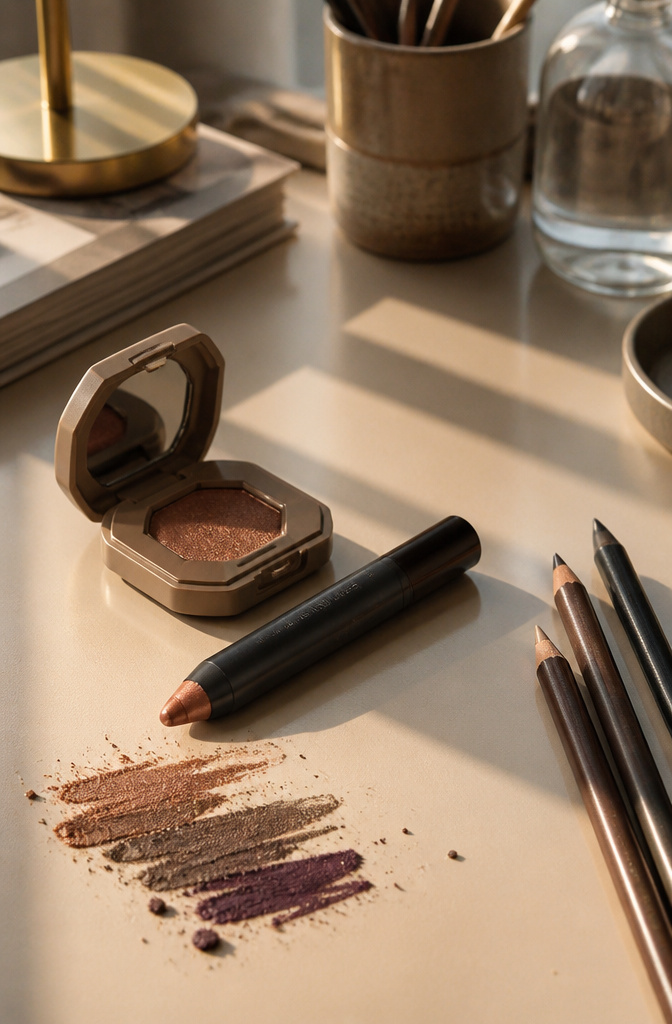 An eye crayon next to a compact on a modern desk.