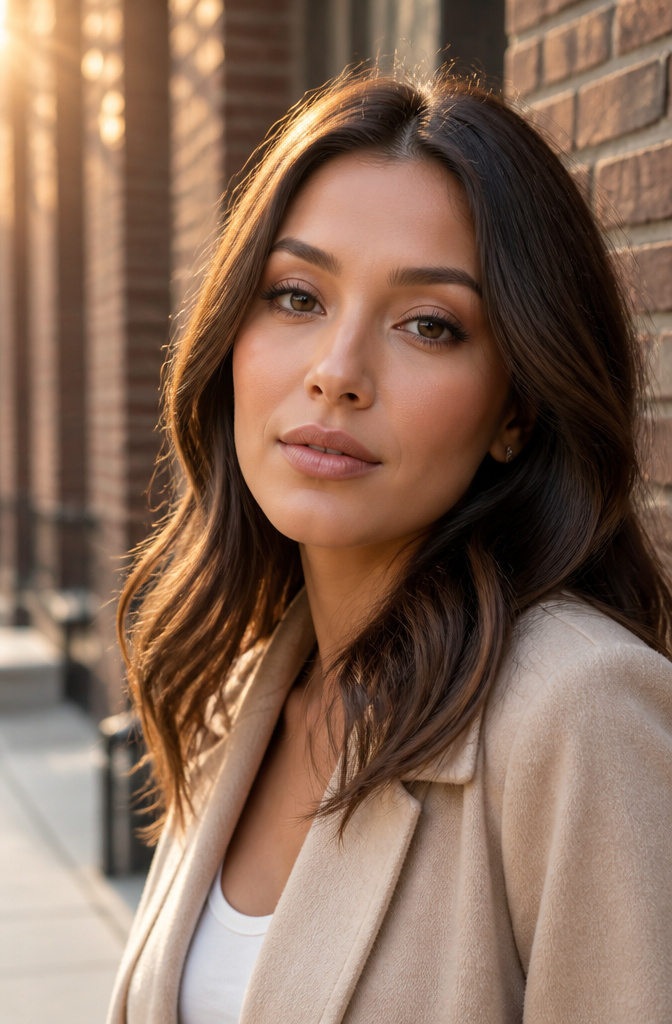 Model exemplifying timeless nude makeup with soft browns and taupes.