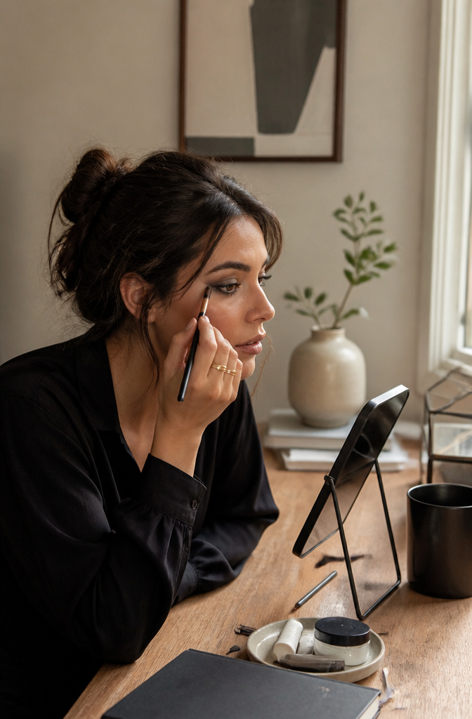 Smudged eyeliner effect created with dark eyeshadow on a stylish workspace.