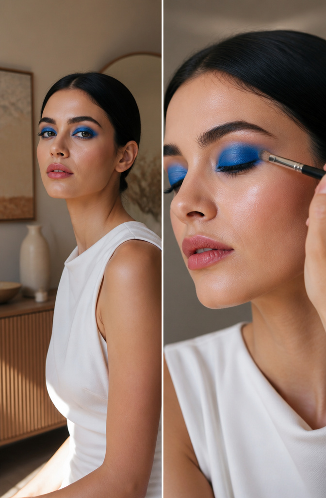 A model wearing bright eye makeup with neutral lipstick.