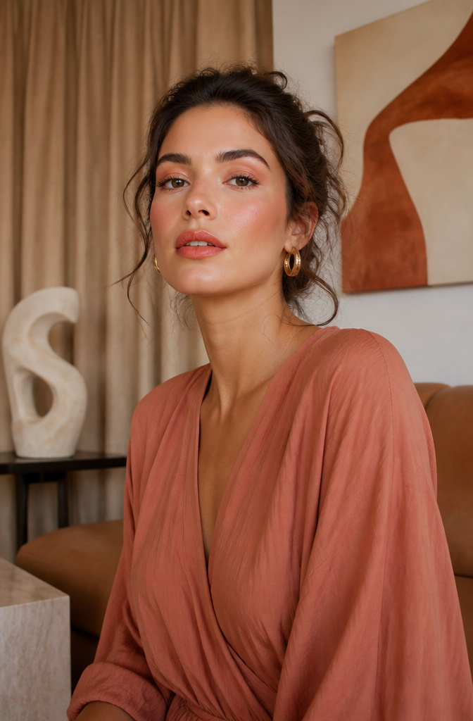 Model with matching coral blush and lipstick.