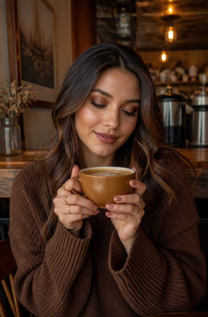 A model with latte makeup holding a latte in a coffee shop.